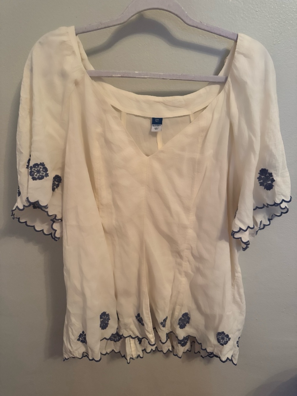 Old Navy Cream Peasant Blouse with Navy Embroidery - Picture 2 of 6